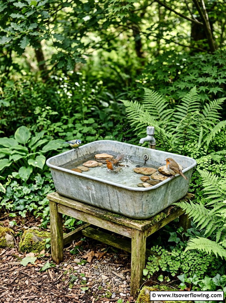 Galvanized metal sink bird bath - 25 upcycled garden ideas with old sinks