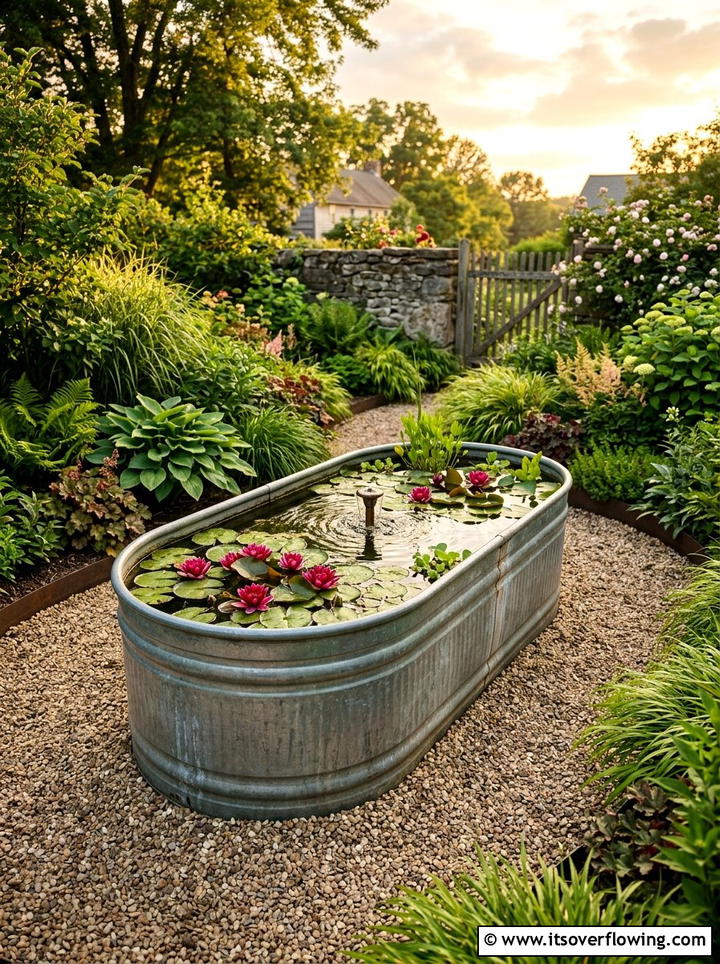 Galvanized steel tub pond - 25 upcycled garden ideas with watering stations