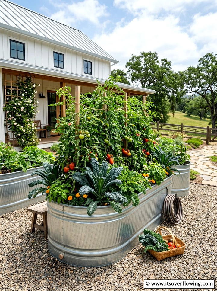 Galvanized stock tank garden - 25 upcycled garden ideas with old tubs