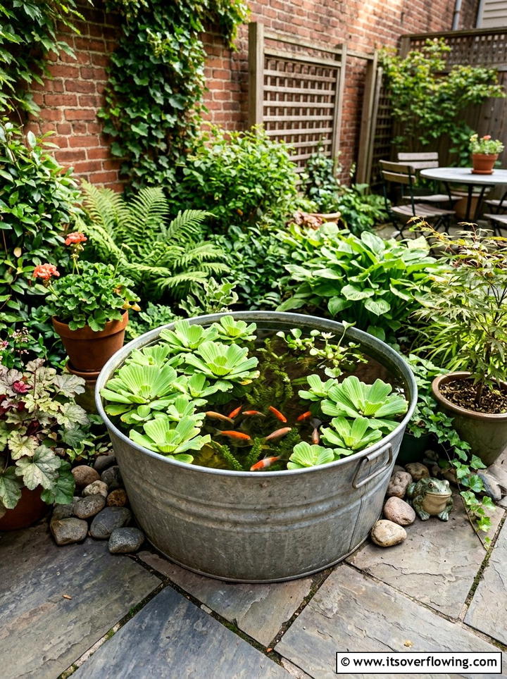 Galvanized tub patio pond - 25 upcycled garden ideas with old tubs