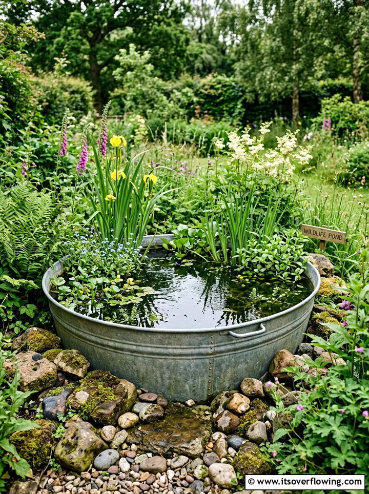 Galvanized tub wildlife pond - 25 upcycled garden ideas with old tubs