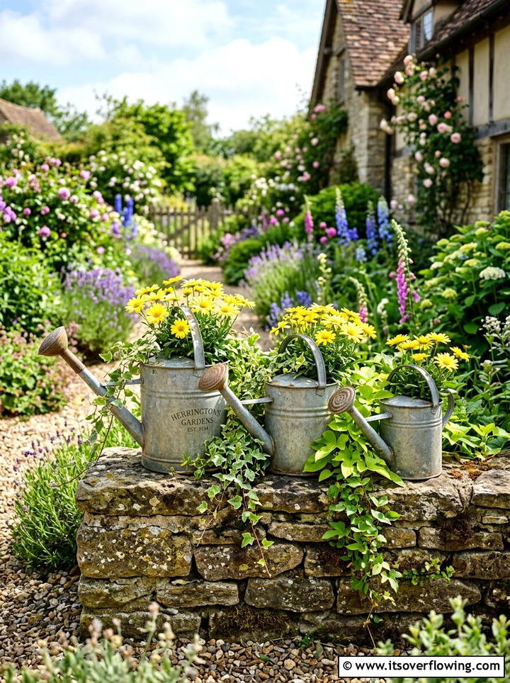 Galvanized watering can display - 25 upcycled garden ideas on a budget