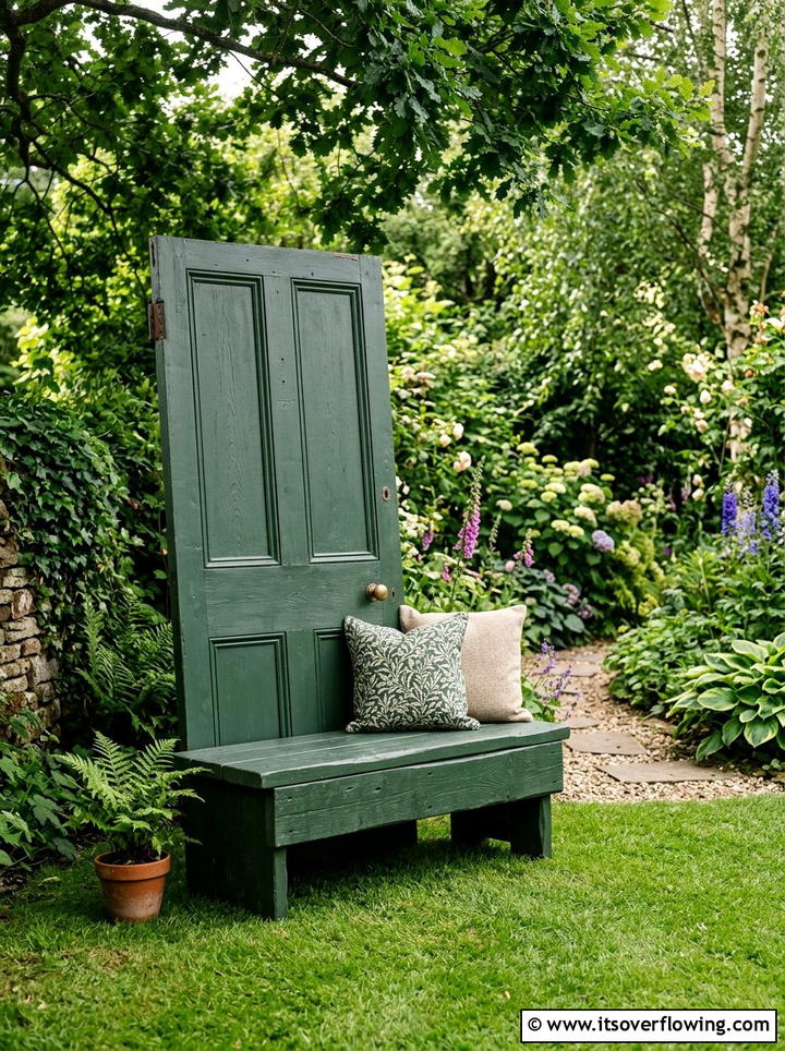 Garden Bench From Reclaimed Door - 25 upcycled garden ideas with old doors