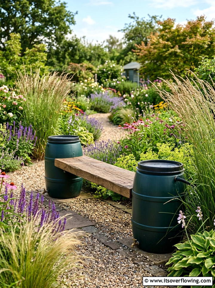 Garden Bench Rain Barrel - 25 upcycled garden ideas with rain barrels
