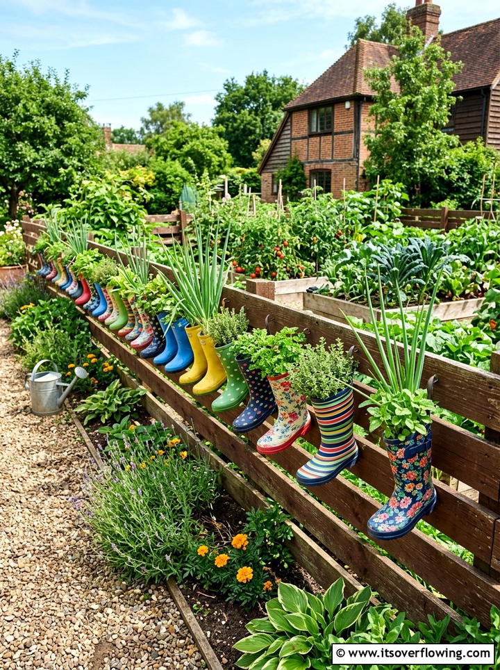 Garden Fence Rain Boots - 25 creative garden ideas with shoe planter wall