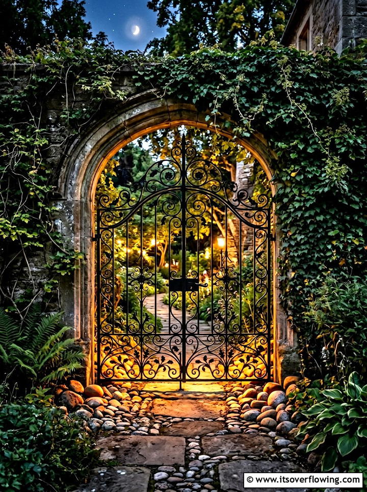 Garden Gate Glowing Entryway - 25 creative garden ideas with glow in the dark stones