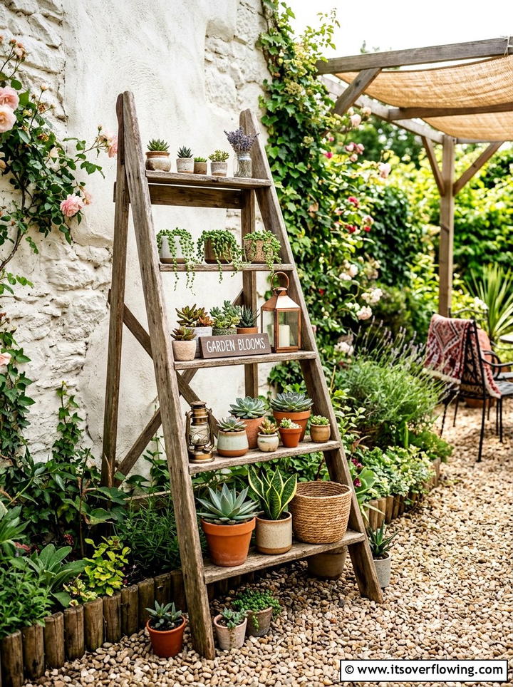 Garden Ladder Shelf - 25 garden ideas for tiny patios