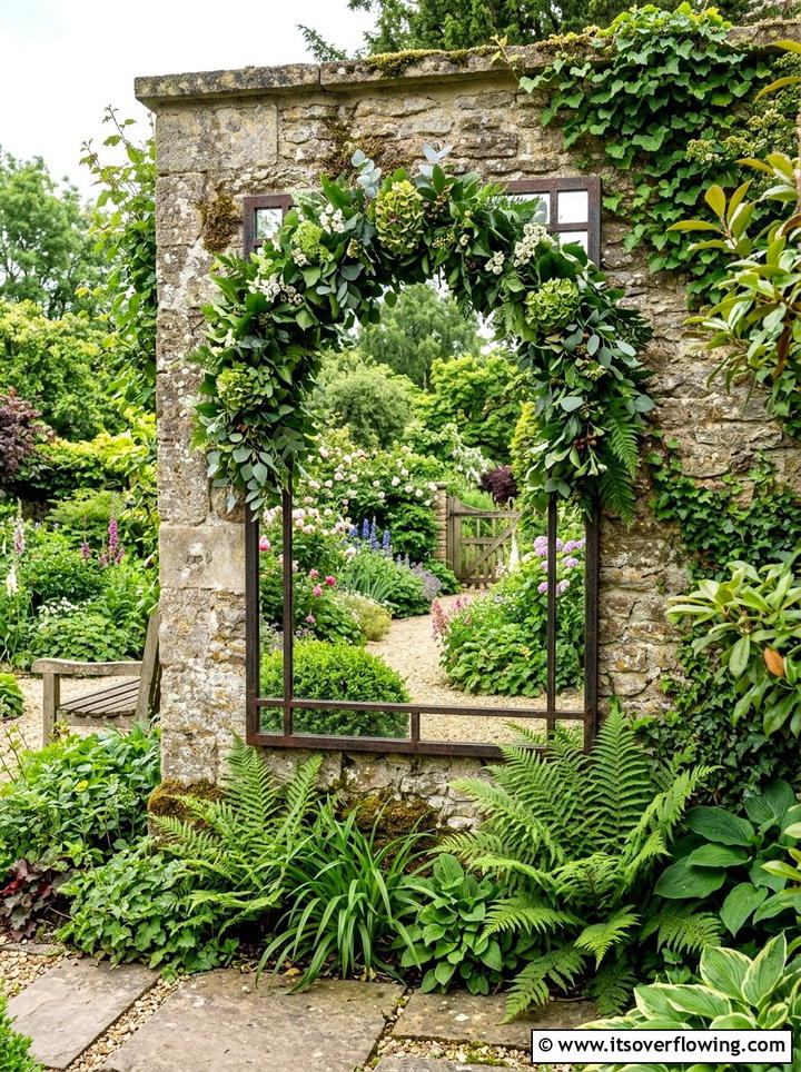 Garden Mirror Wreath - 25 garden decor ideas with seasonal wreaths