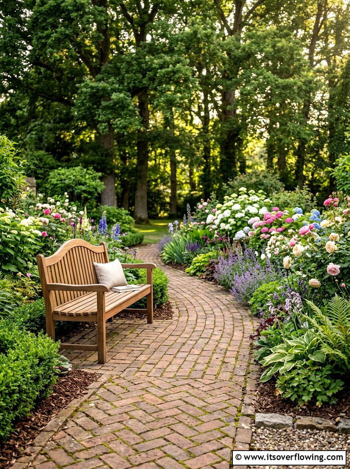 Garden Path With Wood Bench - 25 garden ideas with seating