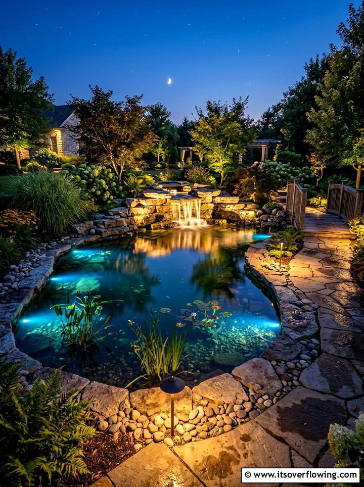 Garden Pond With Lights - 25 backyard ideas with pond