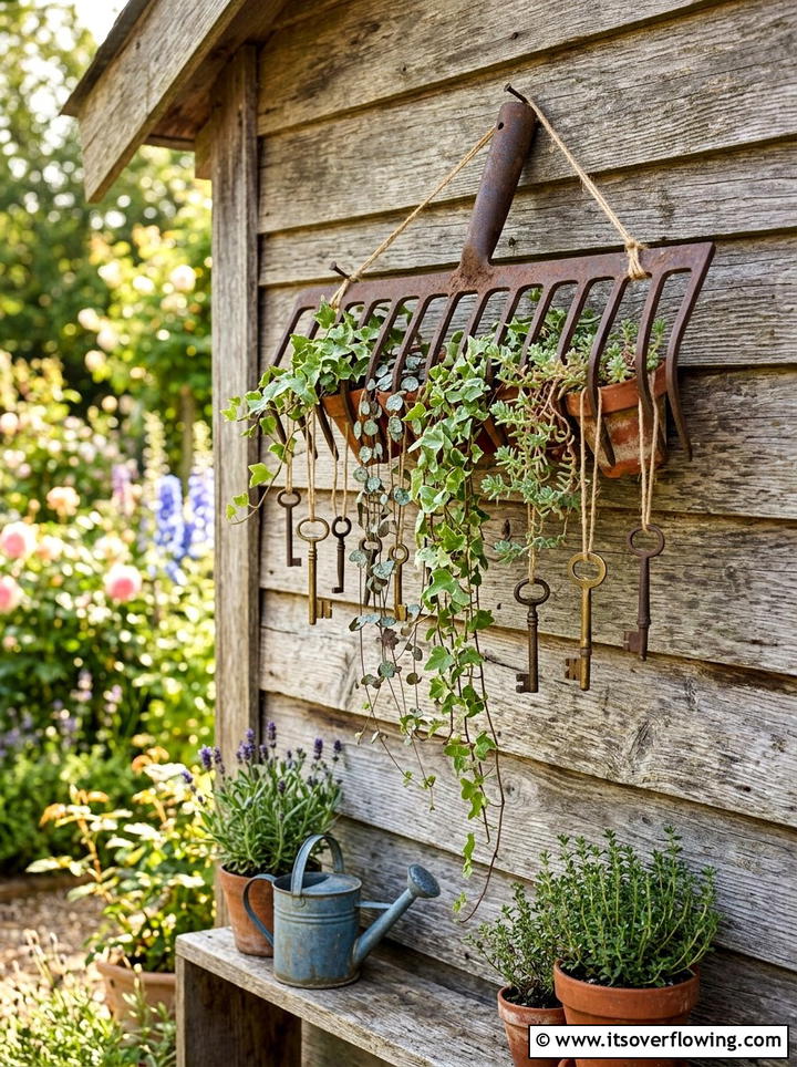 Garden Rake Head Wall - 25 upcycled garden ideas with trellis walls
