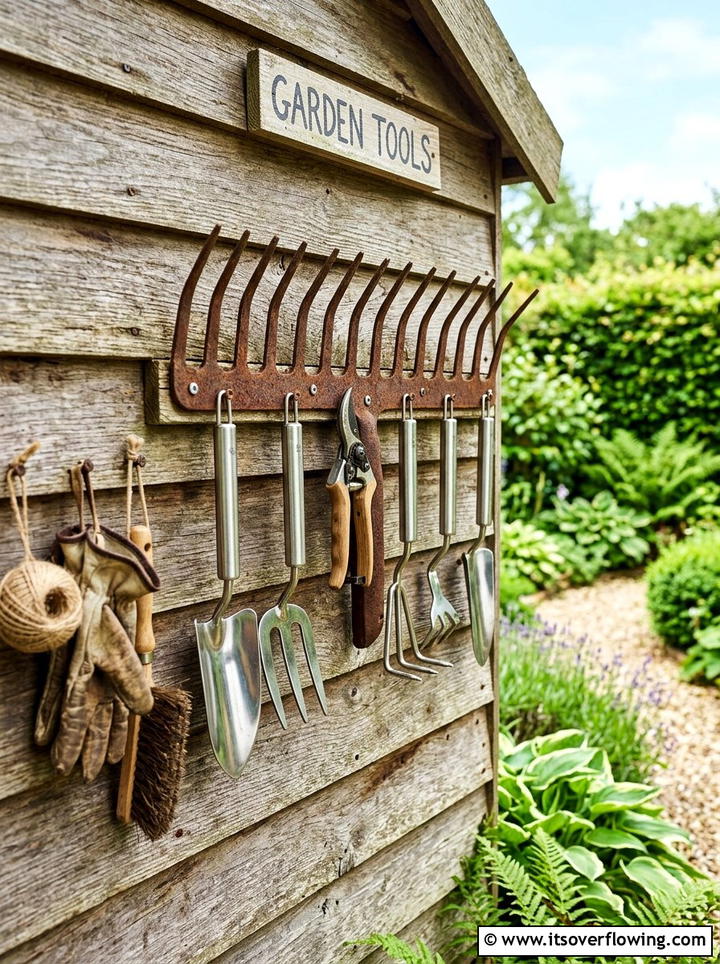 Garden Rake Tool Organizers - 25 recycled garden ideas with eco friendly decor