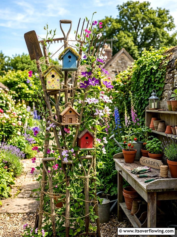 Garden Tool Handle Trellis - 25 upcycled garden ideas with trellis walls