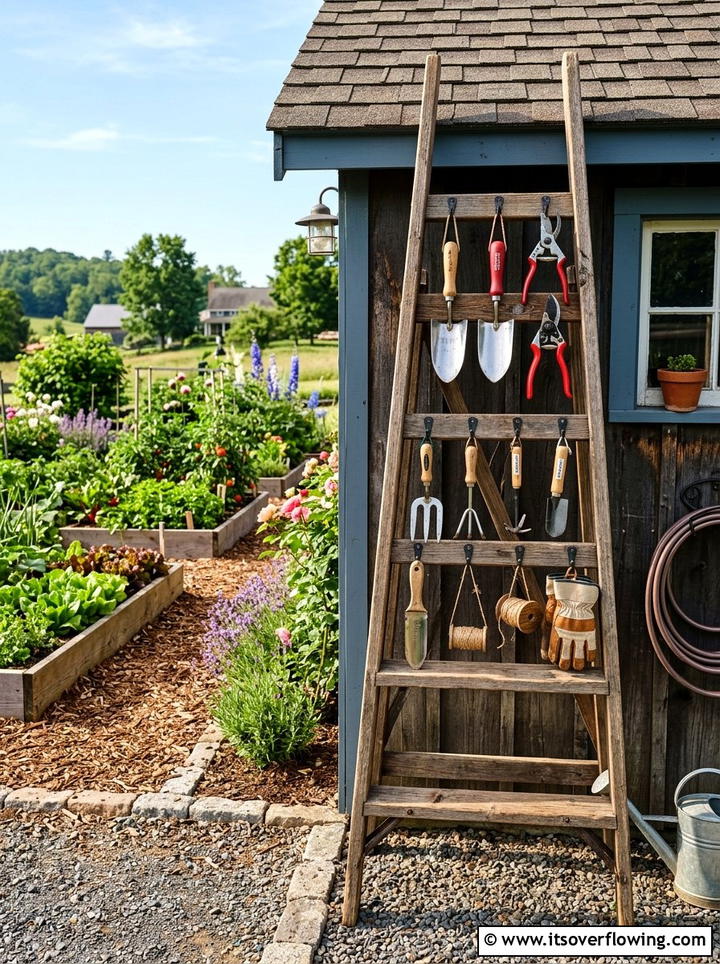 Garden Tool Organizer Ladder - 25 backyard decorating ideas with vintage ladders
