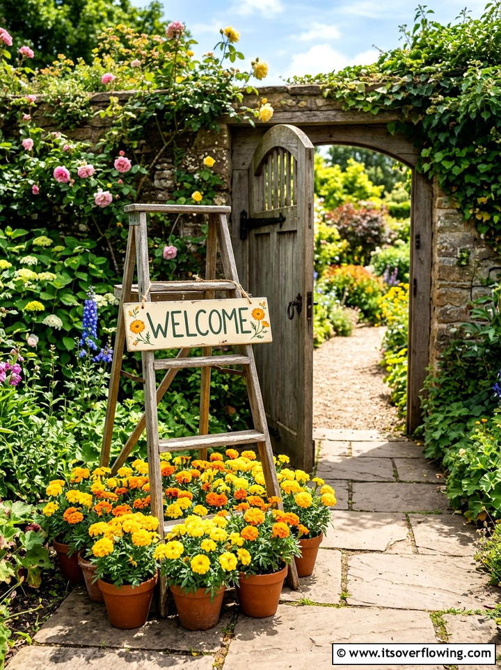 Garden Welcome Sign Holder - 25 upcycled garden ideas with old ladders