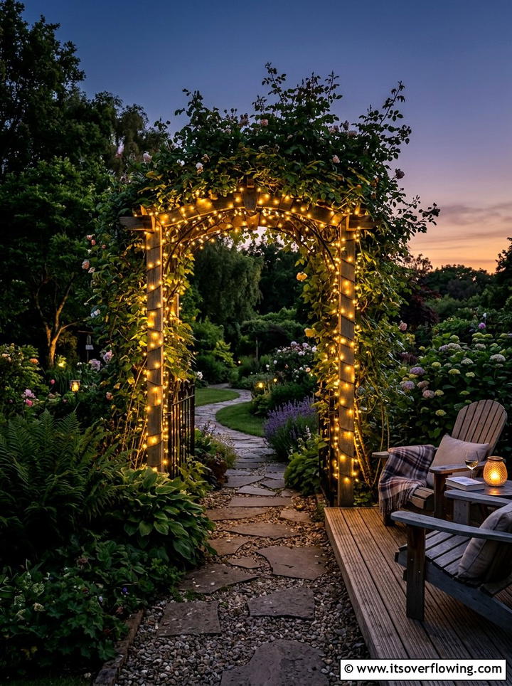 Garden arch with fairy lights - 25 garden decor ideas with garden arches