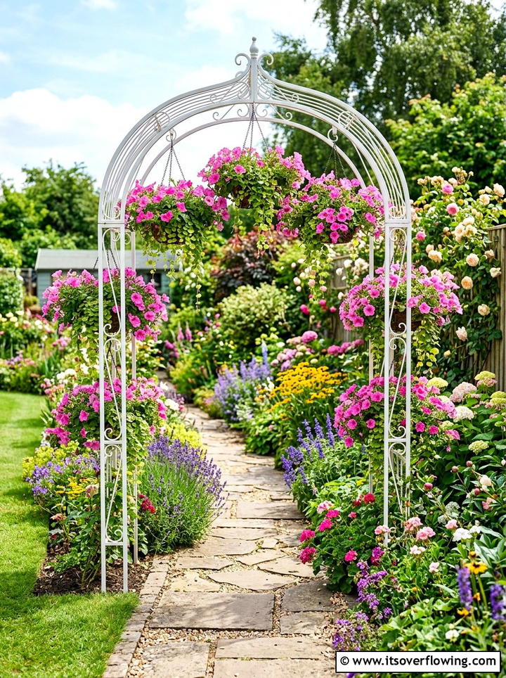 Garden arch with hanging baskets - 25 garden decor ideas with garden arches