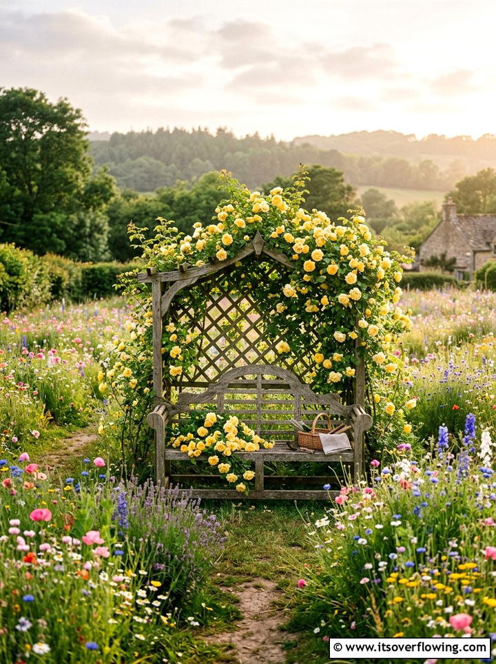 Garden bench with trellis back - 25 garden decor ideas with trellis backdrops