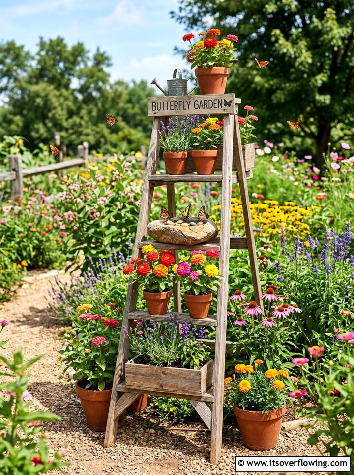 Garden beverage station ladder - 25 upcycled garden ideas with ladder shelves