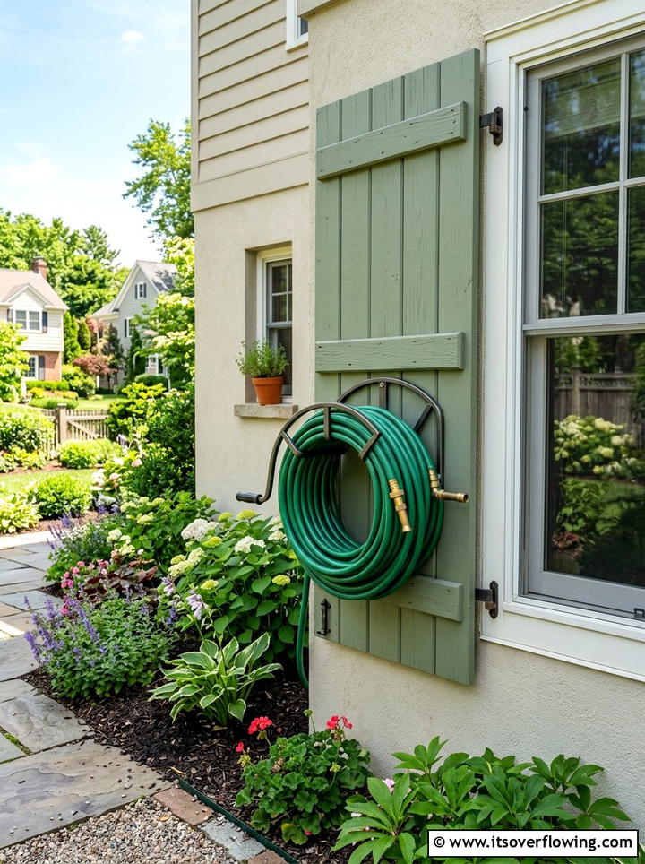 Garden hose rack - 25 upcycled garden ideas with old shutters