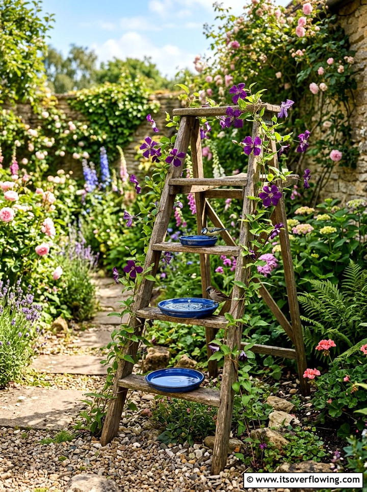 Garden ladder bird bath - 25 reusing old things ideas for bird baths