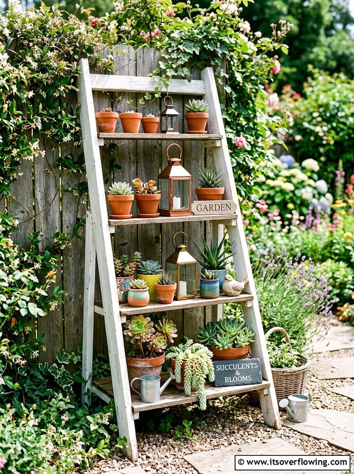Garden ladder shelf - 25 garden decor ideas for small gardens