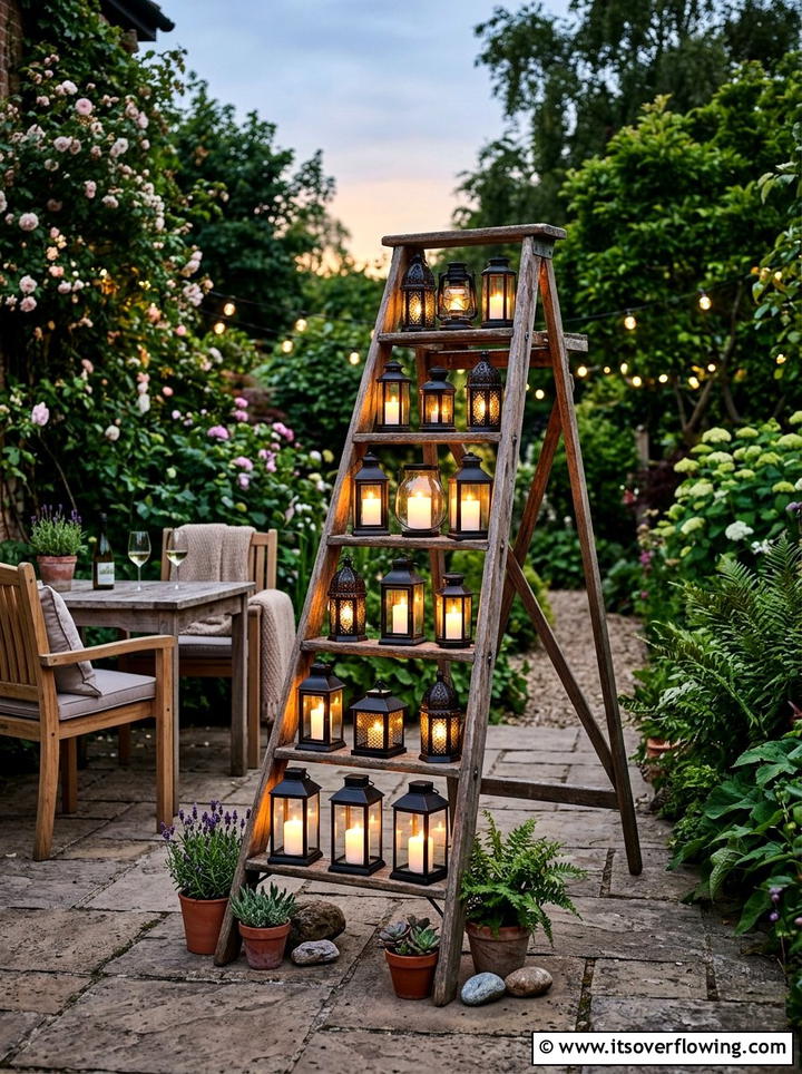 Garden lantern ladder display - 25 upcycled garden ideas with ladder shelves