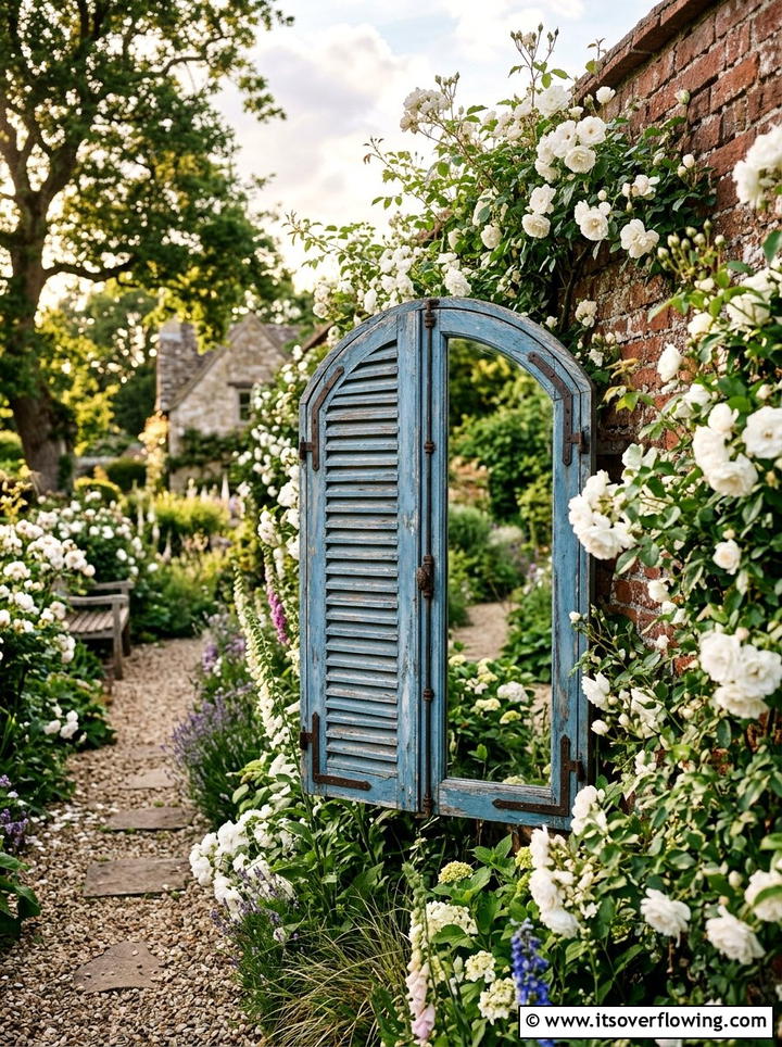 Garden mirror - 25 upcycled garden ideas with old shutters
