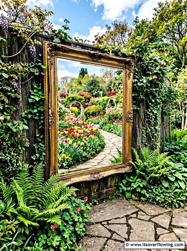 Garden mirror wall - 25 cheap garden ideas with thrifted decor