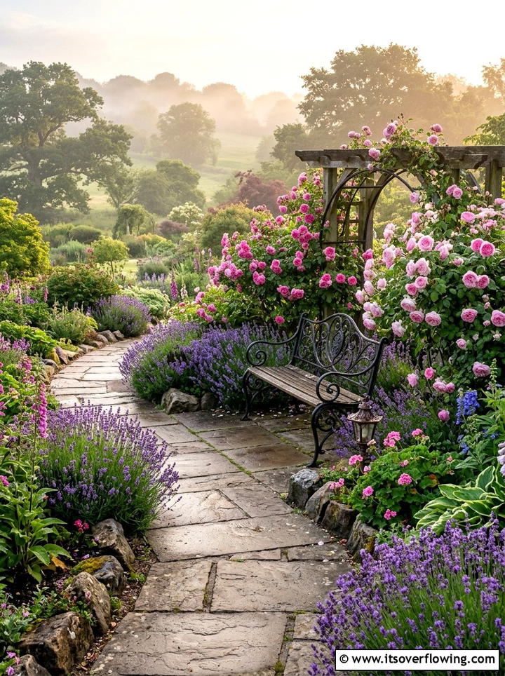 Garden path with classic park bench - 25 backyard ideas with benches