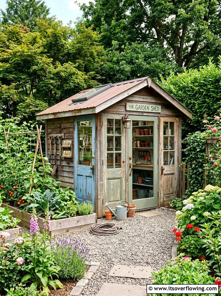 Garden shed with reclaimed doors - 25 garden decor ideas with old doors