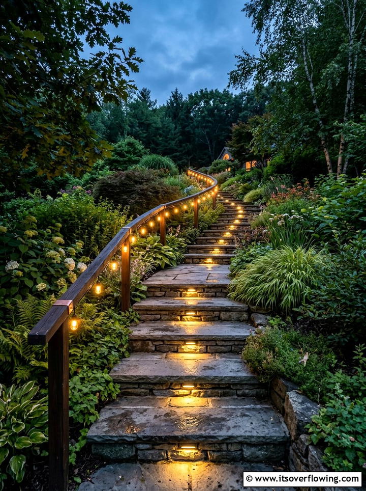 Garden stairs lighting - 25 garden decor ideas with string bulb lights
