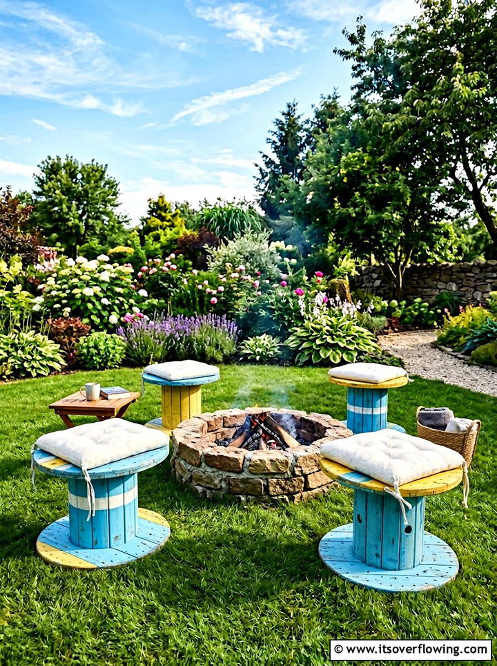 Garden stool seating - 25 recycled garden ideas with cable spools