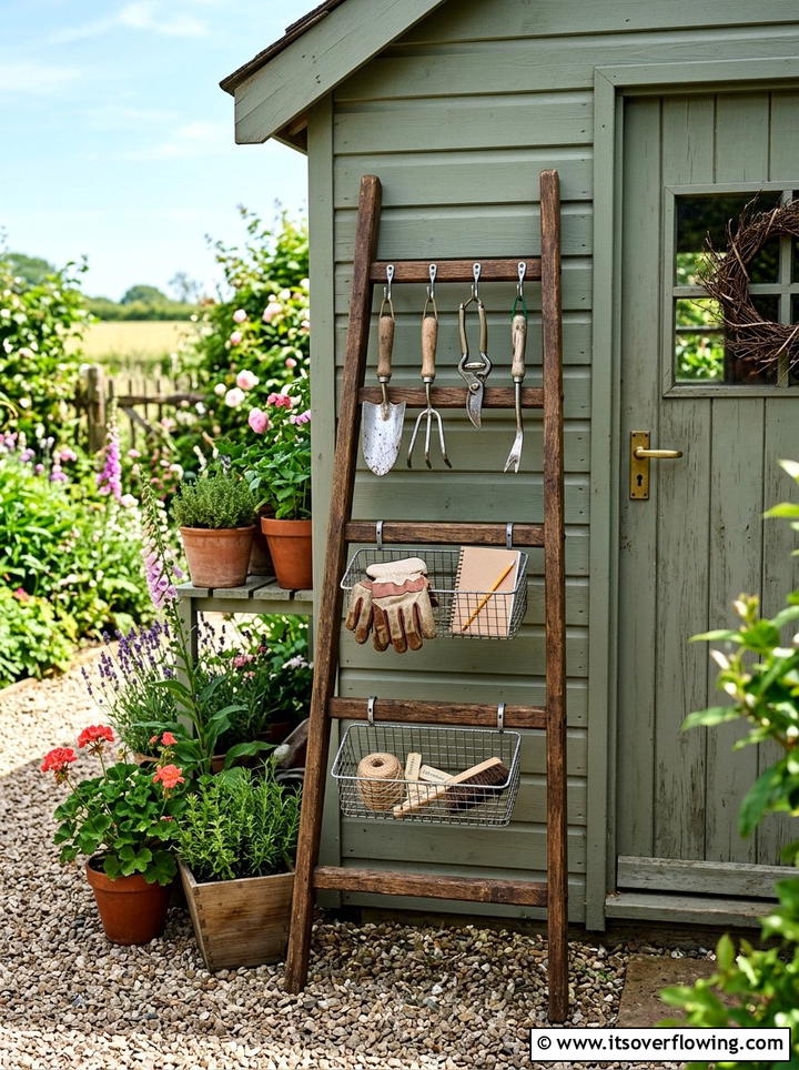 Garden tool storage ladder - 25 upcycled garden ideas with ladder shelves