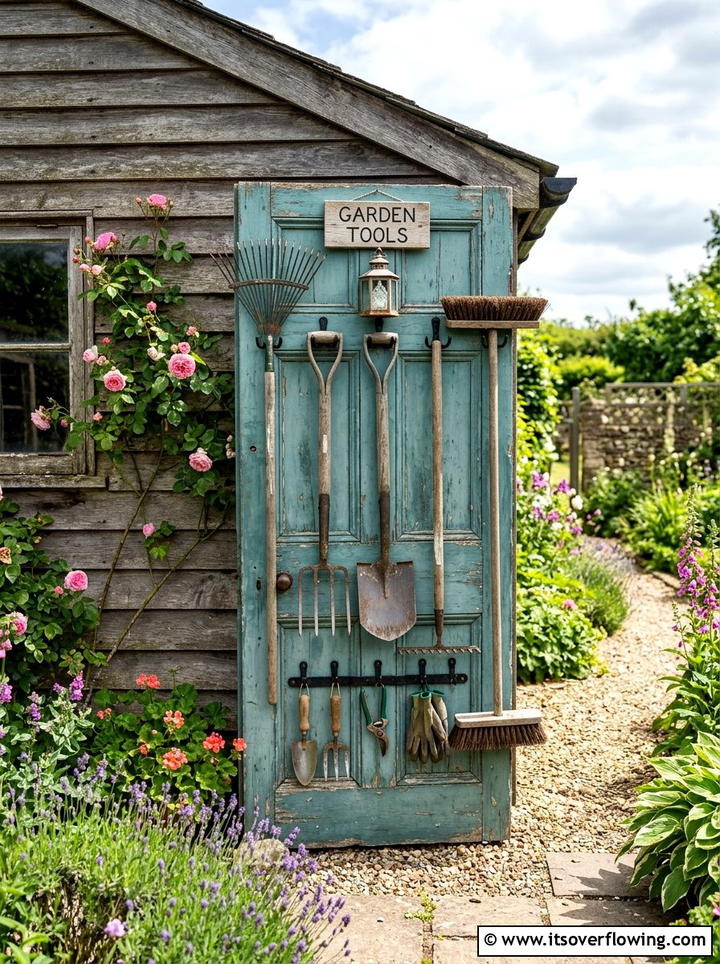 Garden tool storage on old door - 25 garden decor ideas with old doors