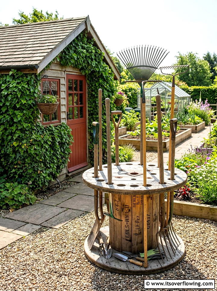 Garden tool storage - 25 recycled garden ideas with cable spools
