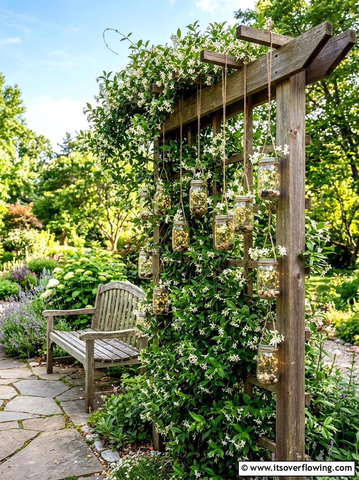 Garden trellis hanging mason jar - 25 garden ideas with mason jar lanterns