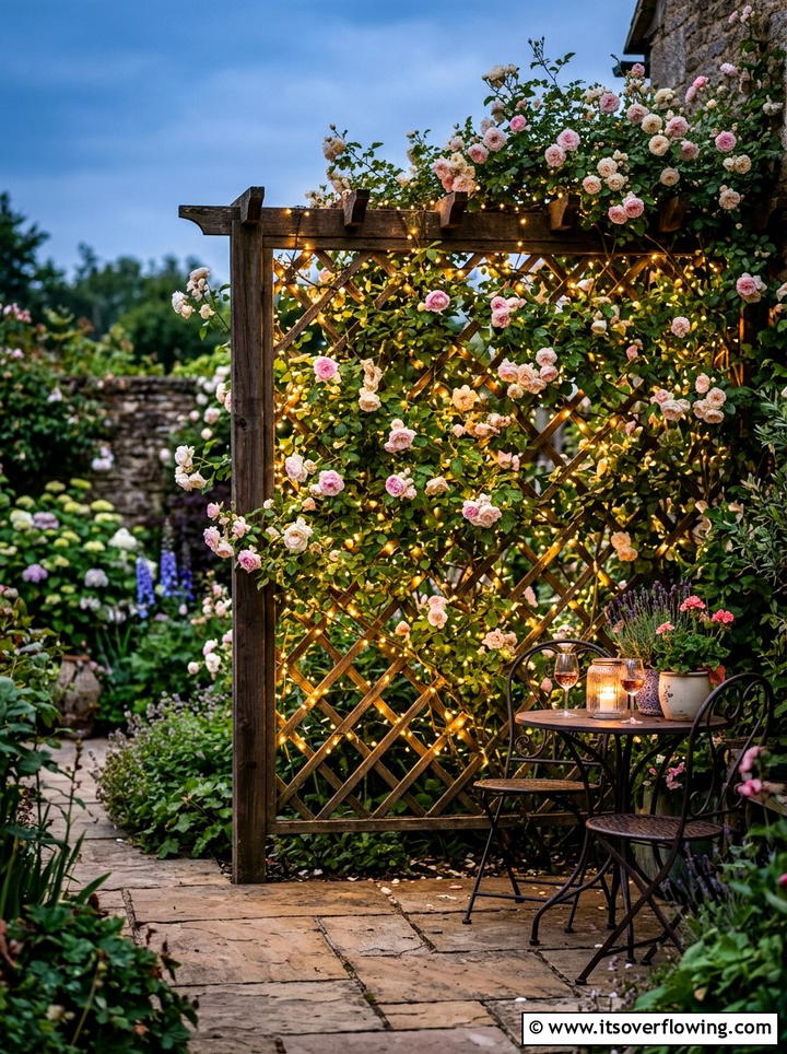 Garden trellis lighting - 25 garden decor ideas with string bulb lights