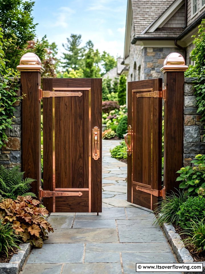 Gate with copper accents and hardware - 25 garden decor ideas with gate decorations