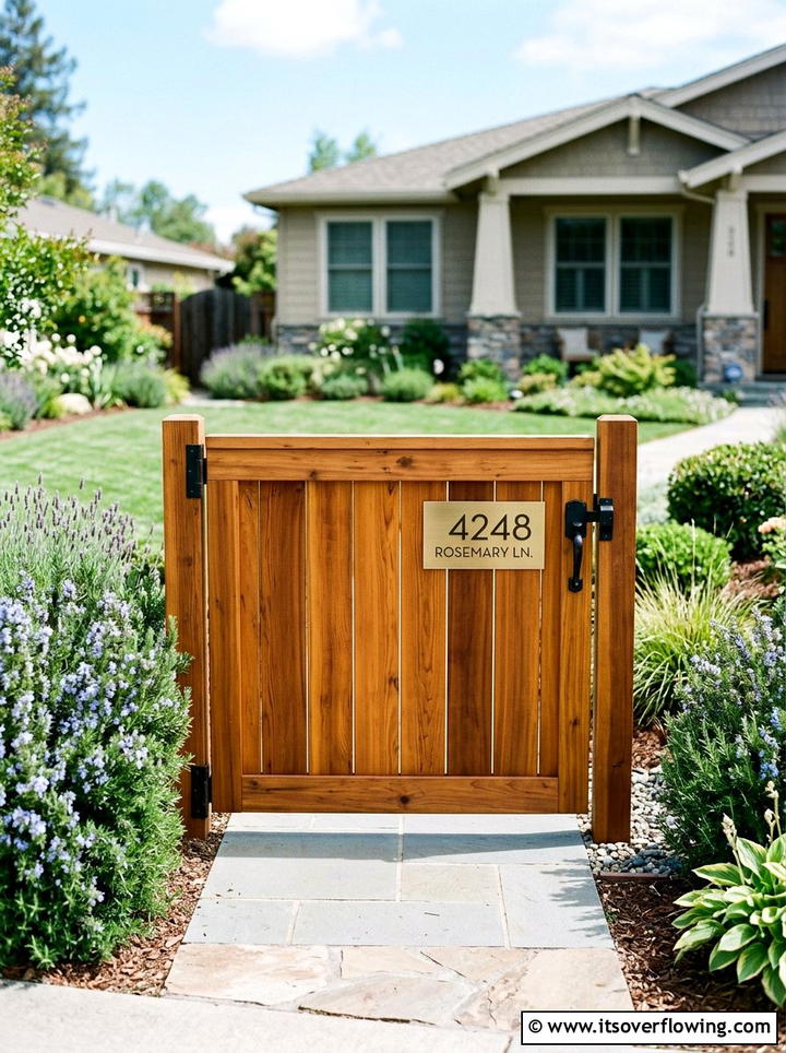 Gate with custom address plaque - 25 garden decor ideas with gate decorations