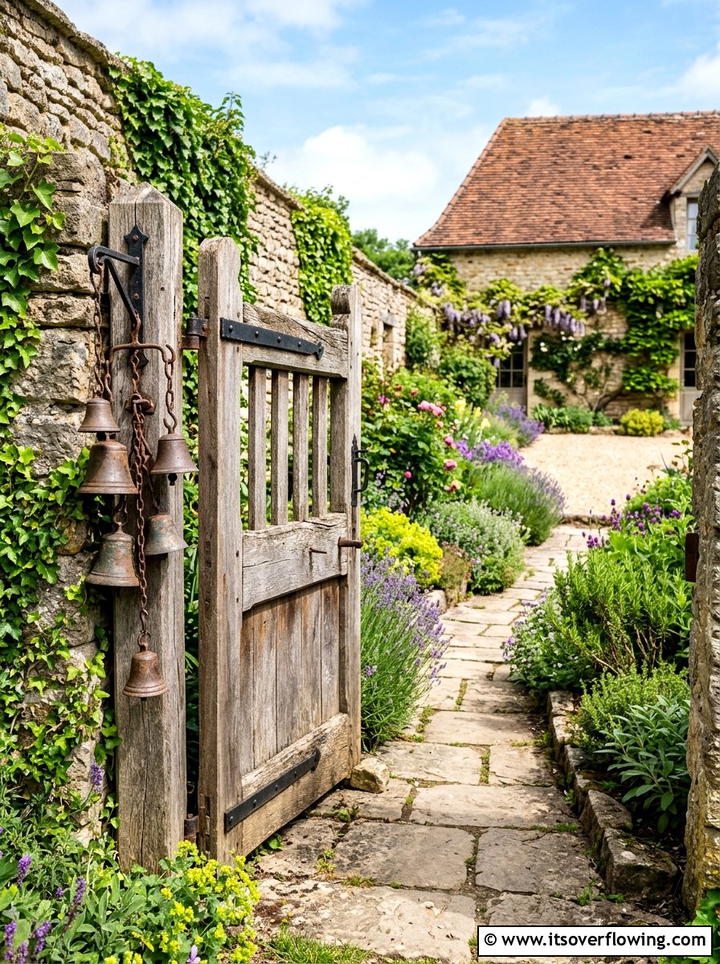 Gate with decorative iron bells - 25 garden decor ideas with gate decorations