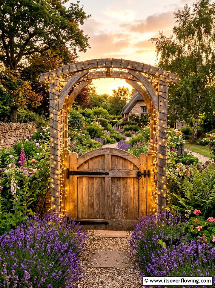 Gate with solar powered fairy lights - 25 garden decor ideas with gate decorations