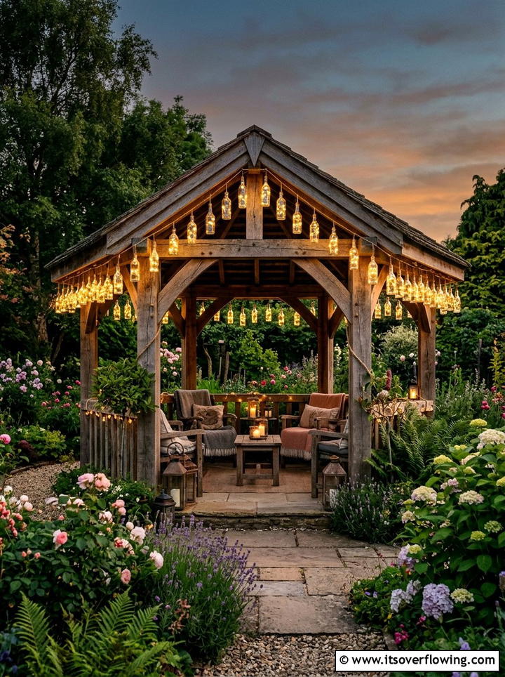 Gazebo Bottle Light String - 25 garden ideas with bottle lights