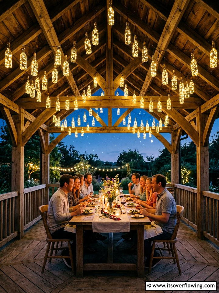 Gazebo ceiling bottle decor - 25 garden decor ideas with bottle lights