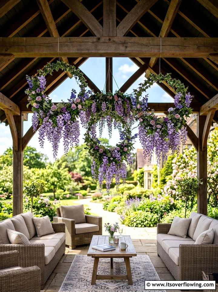 Gazebo ceiling floral hoop - 25 garden decor ideas with floral hoops