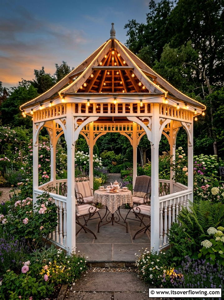 Gazebo ceiling lights - 25 garden decor ideas with string bulb lights