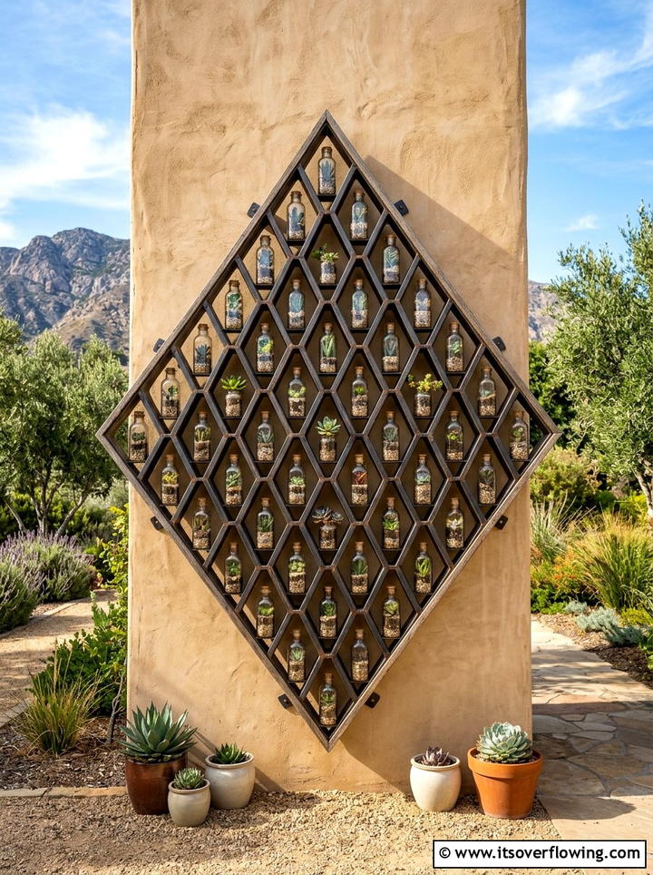 Geometric Bottle Display - 25 recycled garden ideas with hanging bottle planters