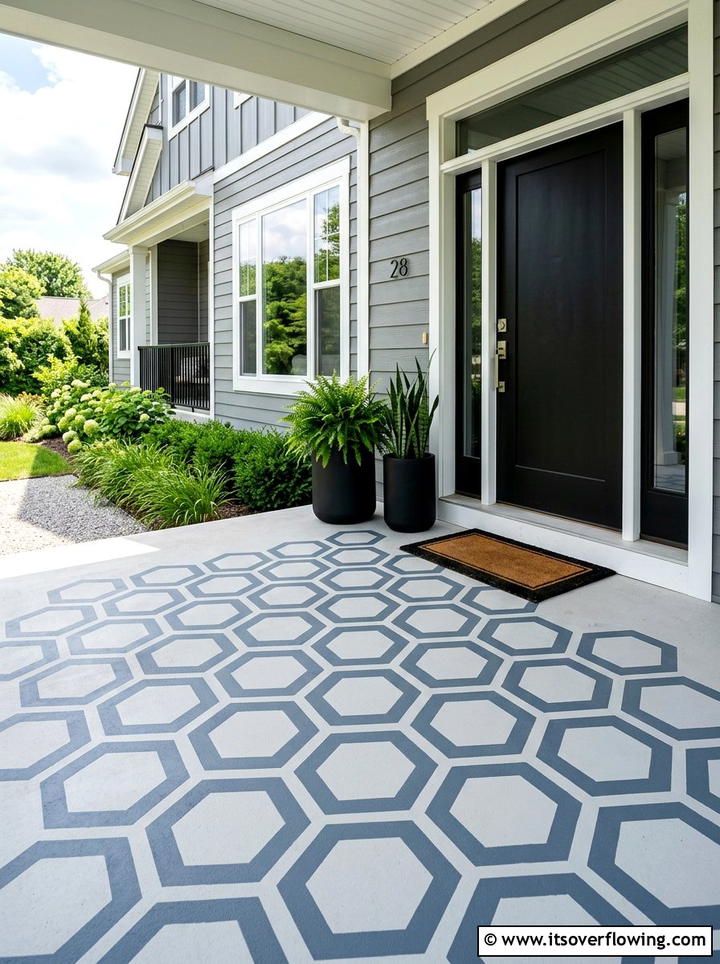 Geometric Hexagon Floor - 25 front porch ideas with stenciled floor