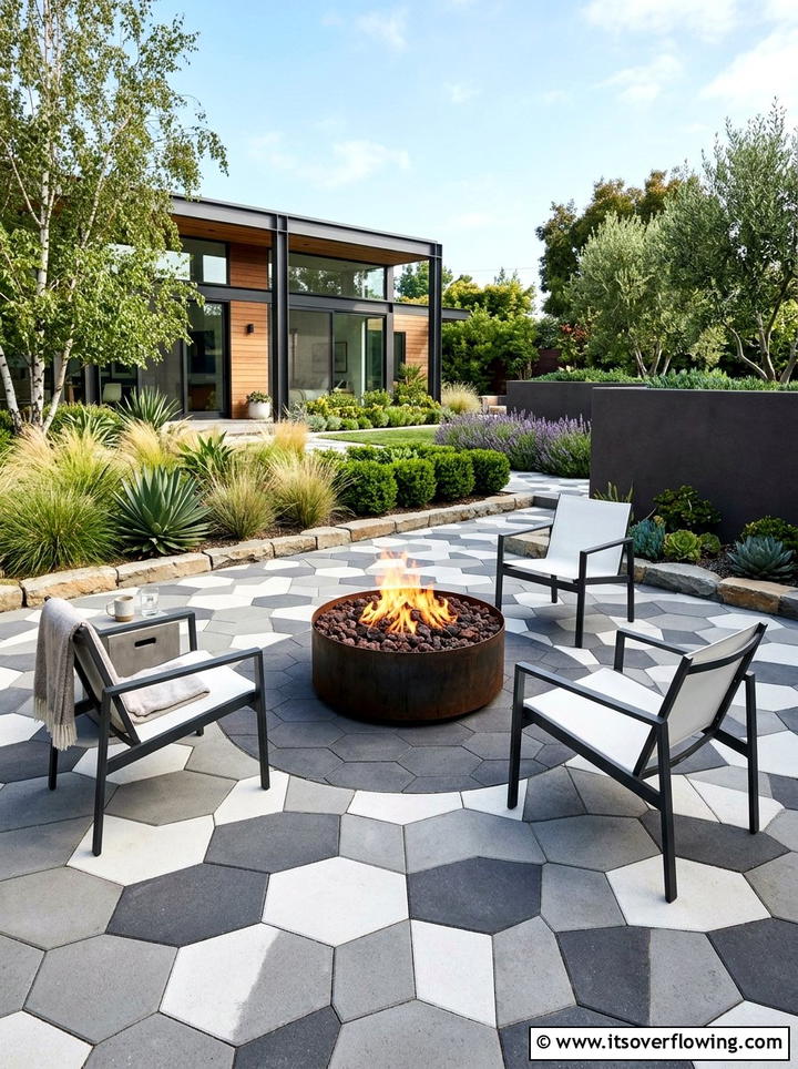 Geometric Paver Fire Bowl Design - 25 small garden ideas with fire bowl