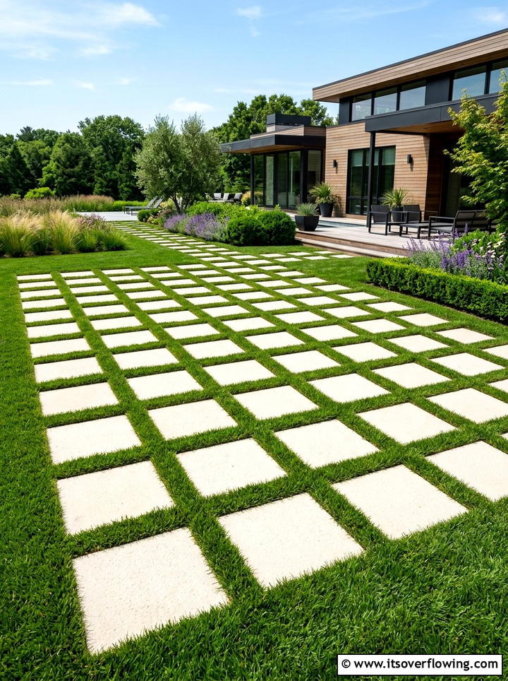 Geometric Paver Layout In Turf - 25 small garden ideas with stepping stones